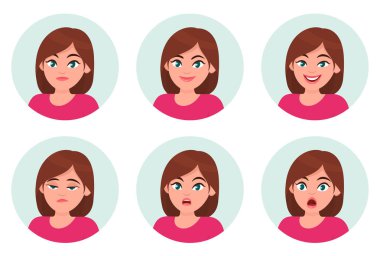 Kadın/kız yüz duygular kümesi. Farklı kadın duygular ayarlayın. Kadın emoji karakter farklı ifadeleri ile. İnsan duygu ve beden dili konsept illüstrasyon vektör düz stil çizgi film.