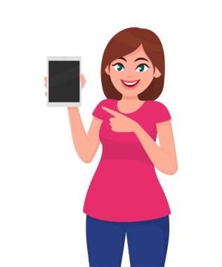 Tablet gösterilen ve el doğru işaret eden genç kadın. Neşeli kadın gösteren tablet bilgisayar ile boş perde. İnsan duygu ve beden dili konsept illüstrasyon vektör düz stil çizgi film.