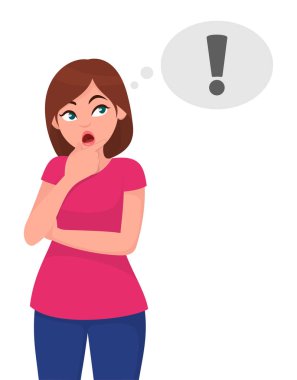 Düşünme ve ilâ arıyorum genç kadın balonun içinde ünlem işareti (!) simgesi sanıyordum. Fikir ve yaratıcı kavramı. İnsan duygu ve beden dili konsept illüstrasyon vektör düz stil çizgi film.
