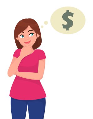 Düşünme ve ilâ arıyorum genç kadın kabarcık doları sembol sanıyordum. İş ve finans genel kavram. İnsan duygu ve beden dili konsept illüstrasyon vektör düz stil çizgi film.