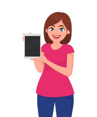 Genç kadın gösteren/holding boş sekme veya tablet bilgisayar. Modern teknoloji yaşam tarzı konsept illüstrasyon vektör çizgi film tarzı.