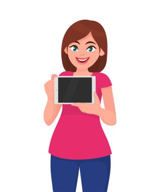 Genç kadın gösteren/holding boş sekme veya tablet bilgisayar. Modern teknoloji yaşam tarzı konsept illüstrasyon vektör çizgi film tarzı.