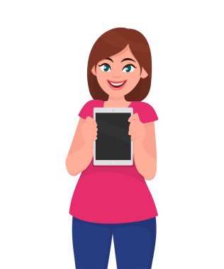 Genç kadın gösteren/holding boş sekme veya tablet bilgisayar. Modern teknoloji yaşam tarzı konsept illüstrasyon vektör çizgi film tarzı.