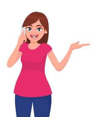 Uzay yan uzakta kopyalamak için akıllı telefonda konuşurken ve gösterilen veya el eller güzel genç gülümseyen kadın. Modern yaşam tarzı ve iletişim kavramı resimde vektör karikatür düz stil.