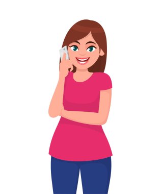 Uzay yan uzakta kopyalamak için akıllı telefonda konuşurken ve gösterilen veya el eller güzel genç gülümseyen kadın. Modern yaşam tarzı ve iletişim kavramı resimde vektör karikatür düz stil.