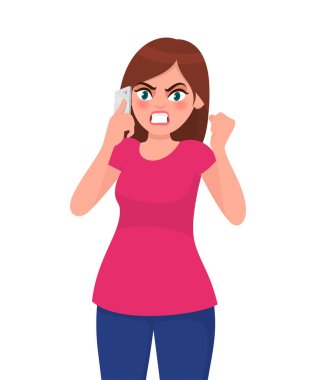 Akıllı telefonda konuşurken ve çığlık öfkeli genç kadın. Modern yaşam tarzı ve iletişim kavramı resimde vektör karikatür düz stil.