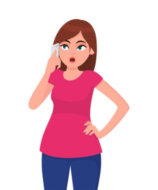 Kalça üzerine elini tutarak, yukarıya bakıyor ve düşünme akıllı telefonda konuşurken düşünceli ve güzel genç bir kadın. Modern yaşam tarzı ve iletişim kavramı resimde vektör karikatür düz stil.