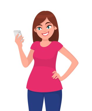Selfie smartphone ile çekici güzel ve genç birbayan. Kız cep telefonunuzun kamera resim alma. İnsan duygu ve beden dili konsept illüstrasyon vektör düz stil çizgi film.
