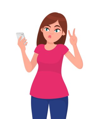Selfie smartphone ve el zafer, V veya barış işareti ile çekici güzel ve genç birbayan. Modern yaşam tarzı, insan duygu ve beden dili konsept illüstrasyon vektör düz stil çizgi film.