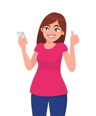 Selfie ile smartphone alarak ve mimik güzel genç kadın üye ol başparmak. Modern yaşam tarzı, insan duygu ve beden dili konsept illüstrasyon vektör düz stil çizgi film.