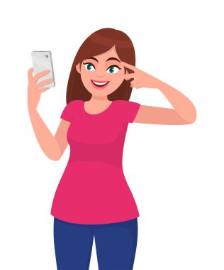 Gülümseyen mutlu genç kadın alarak selfie ve el barış veya zafer işareti göz yakın. Modern yaşam tarzı ve iletişim, insan duygularını konsept illüstrasyon vektör karikatür tarzı düz.