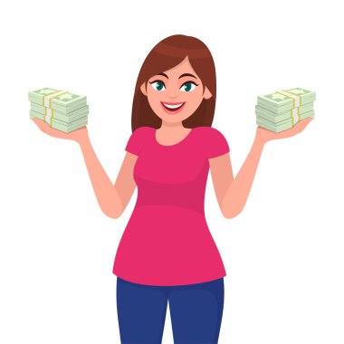 Başarılı mutlu genç iş kadını nakit holding / para / cur
