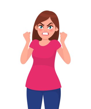 Öfkeli kadın çığlık ve yumrukları kadar yükselterek. Öfke ve hayal kırıklığı ile çığlık Öfkeli Öfkeli kadın. İnsan duygu ve beden dili konsept illüstrasyon vektör düz stil çizgi film.