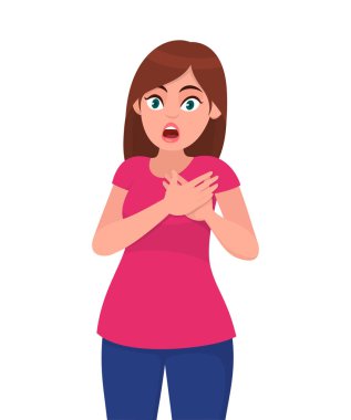 Genç çekici şok kadın göğsüne ellerini tutar. Kalp krizi, ağrı, göğüs elleri ile dokunarak holding sağlık sorunu ile hasta bir kadın. İnsani duygular konsept illüstrasyon vektör karikatür.