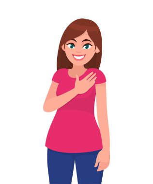 Hoş görünümlü tür yürekli genç kadının göğsüne elini tutar, Şükran,-yardım ve destek için şükretme kalbi sevgi ile dolu gösterilen ifade eder. Duygu konsept illüstrasyon vektör.