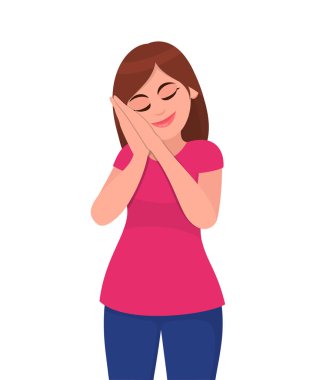 Ayakta ve yorgun gözleri kapalı hayal uyku genç kadın. Uyku gibi davranarak ve jest yapma kadın. Uykulu yorgun kadın yorgun uykuya dalmak. Konsept illüstrasyon vektör.