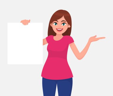 Uzay kopyalamak için gülümseyen ve beyaz kağıt veya kurulu boş / boş sayfa tutan ve el eller genç güzel kadın. İnsan duygu ve beden dili konsept illüstrasyon vektör düz stil çizgi film.