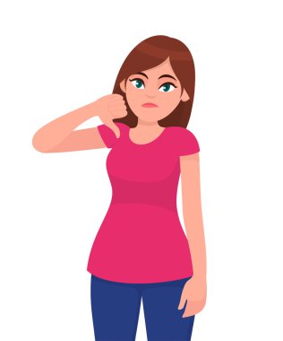 Gösterilen veya başparmak işareti aşağı eller kadın. Negatif ifade ve ret ile negatif bir jest yapıyor kız. Kötü, antipati, reddetme, konsept illüstrasyon vektör katılmıyorum.