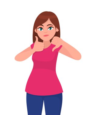 Gösterilen veya el hareketi güzel/güzel genç kadın işareti yukarı ve aşağı başparmak. İyi ve kötü işaret yapma kız. Pozitif-negatif, iyi-kötü, gibi-sevmediğim konsept illüstrasyon vektör düz stil karikatür..