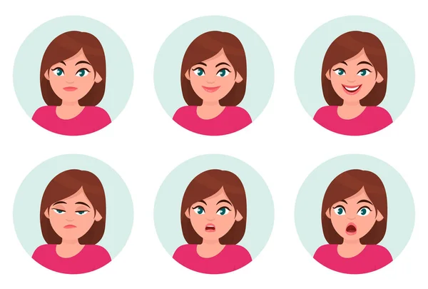 Conjunto Emociones Faciales Chica Mujer Diferentes Emociones Femeninas Personaje Emoji — Vector de stock