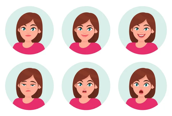 Kadın/kız yüz duygular kümesi. Farklı kadın duygular ayarlayın. Kadın emoji karakter farklı ifadeleri ile. İnsan duygu ve beden dili konsept illüstrasyon vektör düz stil çizgi film.