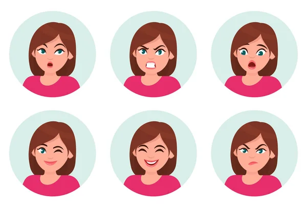 Kadın/kız yüz duygular kümesi. Farklı kadın duygular ayarlayın. Kadın emoji karakter farklı ifadeleri ile. İnsan duygu ve beden dili konsept illüstrasyon vektör düz stil çizgi film.
