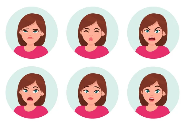 Conjunto Emociones Faciales Chica Mujer Diferentes Emociones Femeninas Personaje Emoji — Vector de stock