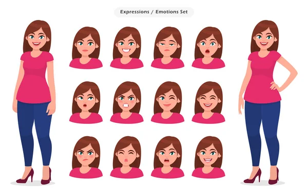 女性の顔の表情のセットです 女の子のコレクション 女性の感情 ベクトル漫画のスタイルの概念図 — ストックベクタ