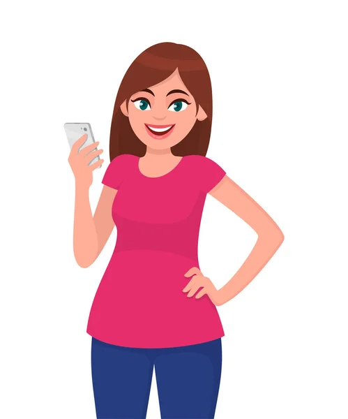 Lächelnde Schöne Junge Frau Mit Smartphone Während Sie Die Hand — Stockvektor