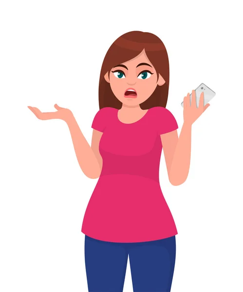 Jeune Femme Perplexe Geste Savent Pas Tenant Téléphone Intelligent Dans — Image vectorielle