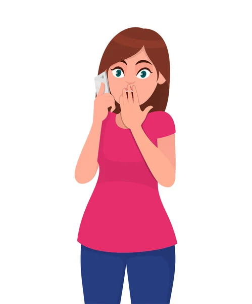 Schockierte Junge Frau Spricht Auf Dem Smartphone Bedeckt Ihren Mund — Stockvektor