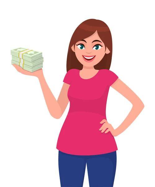 Successful Happy Young Business Woman Holding Cash Money Cur — Stock Vector