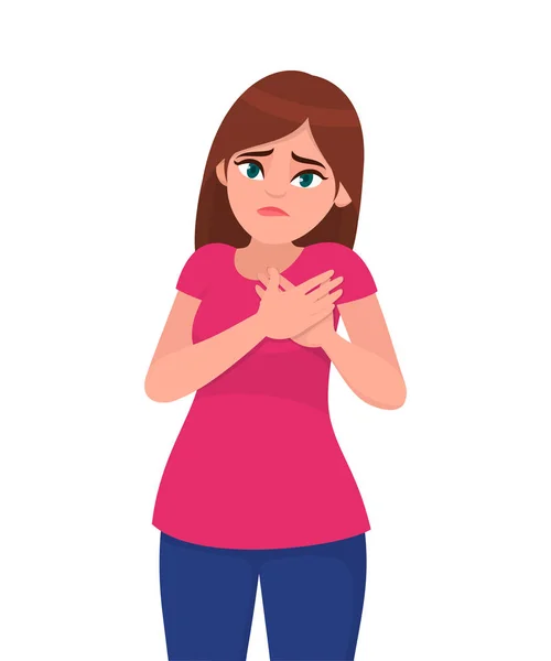 Young Attractive Painful Woman Holds Hands Chest Sick Woman Heart — Stock Vector