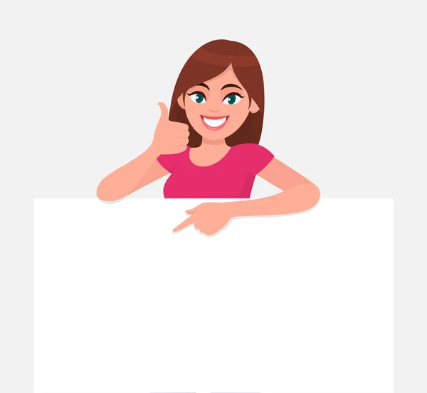 Happy Young Woman Holding Blank Empty Sheet White Paper Board — Stock Vector