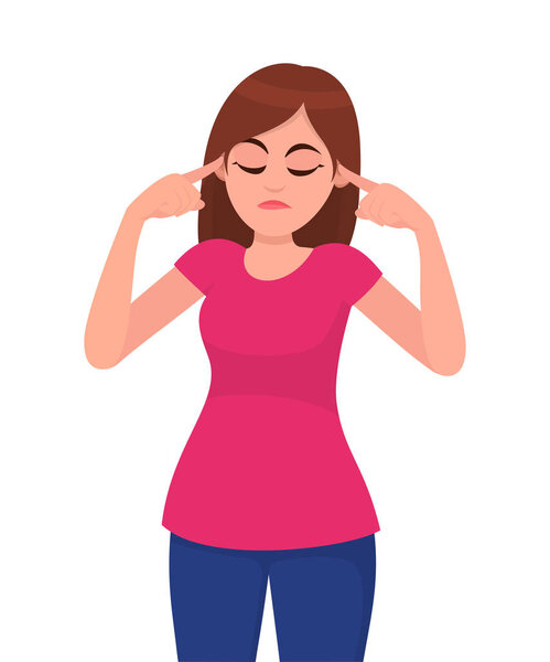 Young woman covering ears with hands. Girl plugs his ears with his fingers while closed eyes. Fear of loud sounds and unpleasant loud noise. Human emotion concept illustration in vector cartoon style.