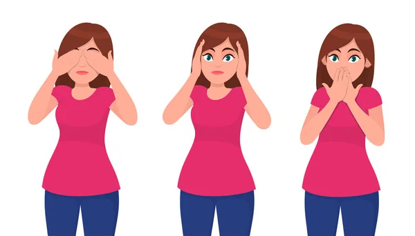 Kapanış/kaplama onun gözleri, kulakları ve ağız üç bilge maymunlar gibi genç kadın kümesi. Değil görmek, duymak ve kavramı konuşmak. İnsan duygu ve beden dili konsept illüstrasyon vektör karikatür.