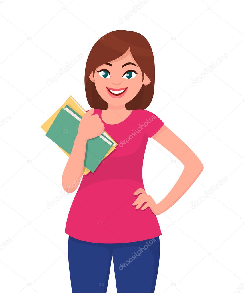 Young woman holding/showing books. Human emotion and body language concept illustration in vector cartoon flat style.