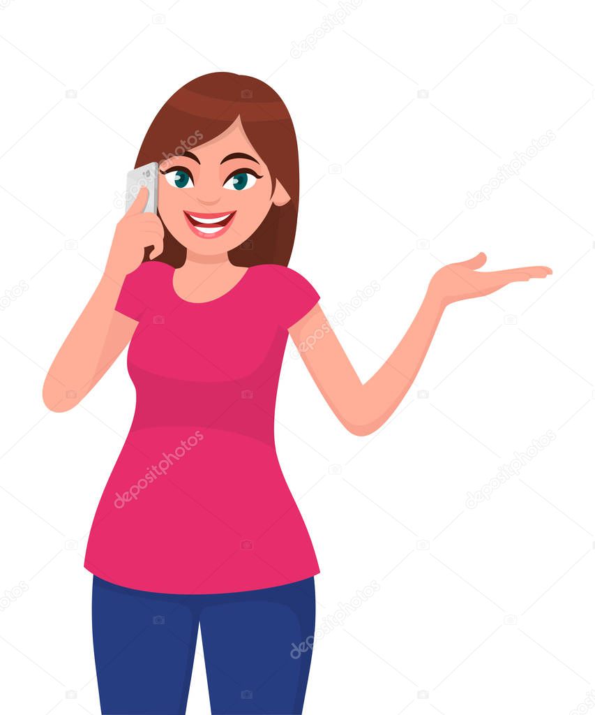 Smiling beautiful young woman talking on smart phone and showing or gesturing hand to copy space side away. Modern lifestyle and communication concept illustration in vector cartoon flat style.