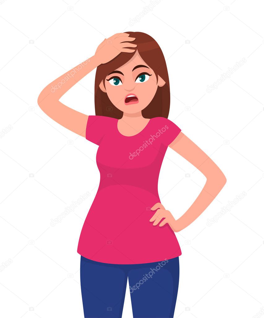 Mujer Joven Infeliz Deprimida Frustrada Sosteniendo Apretando Mano Sobre  Cabeza Vector de stock por ©mathibfa 231246148, image size:853x1024