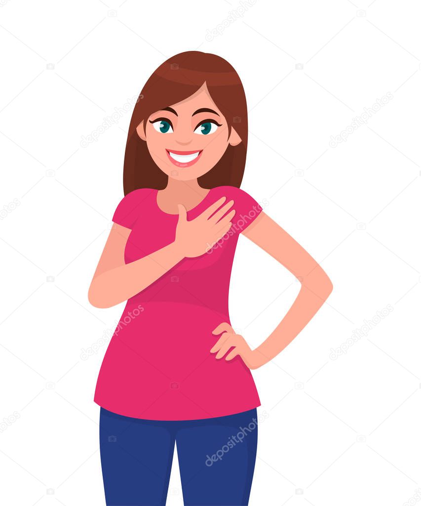 Pleasant looking kind hearted young woman keeps hand on chest, expresses gratitude, being thankful for help and support, showing her heart filled with love. Emotion concept illustration in vector.