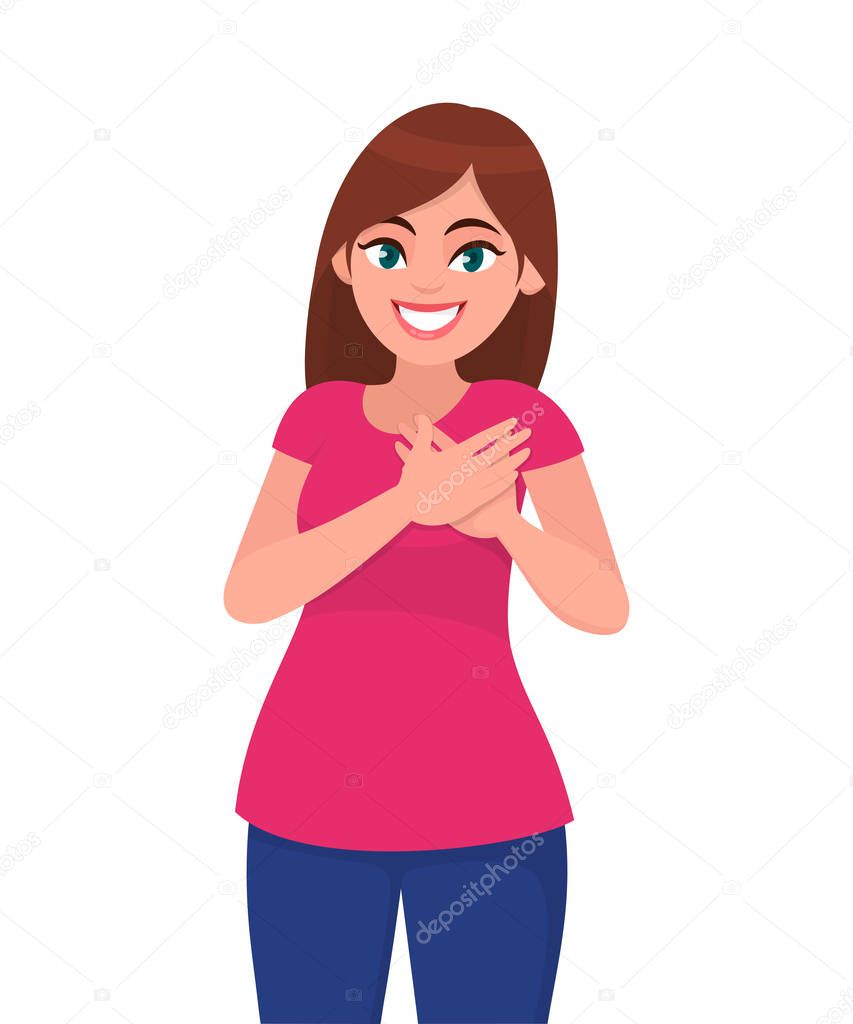 Pleasant looking kind hearted young woman keeps hands on chest, expresses gratitude, being thankful for help and support, showing her heart filled with love. Emotion concept illustration in vector.