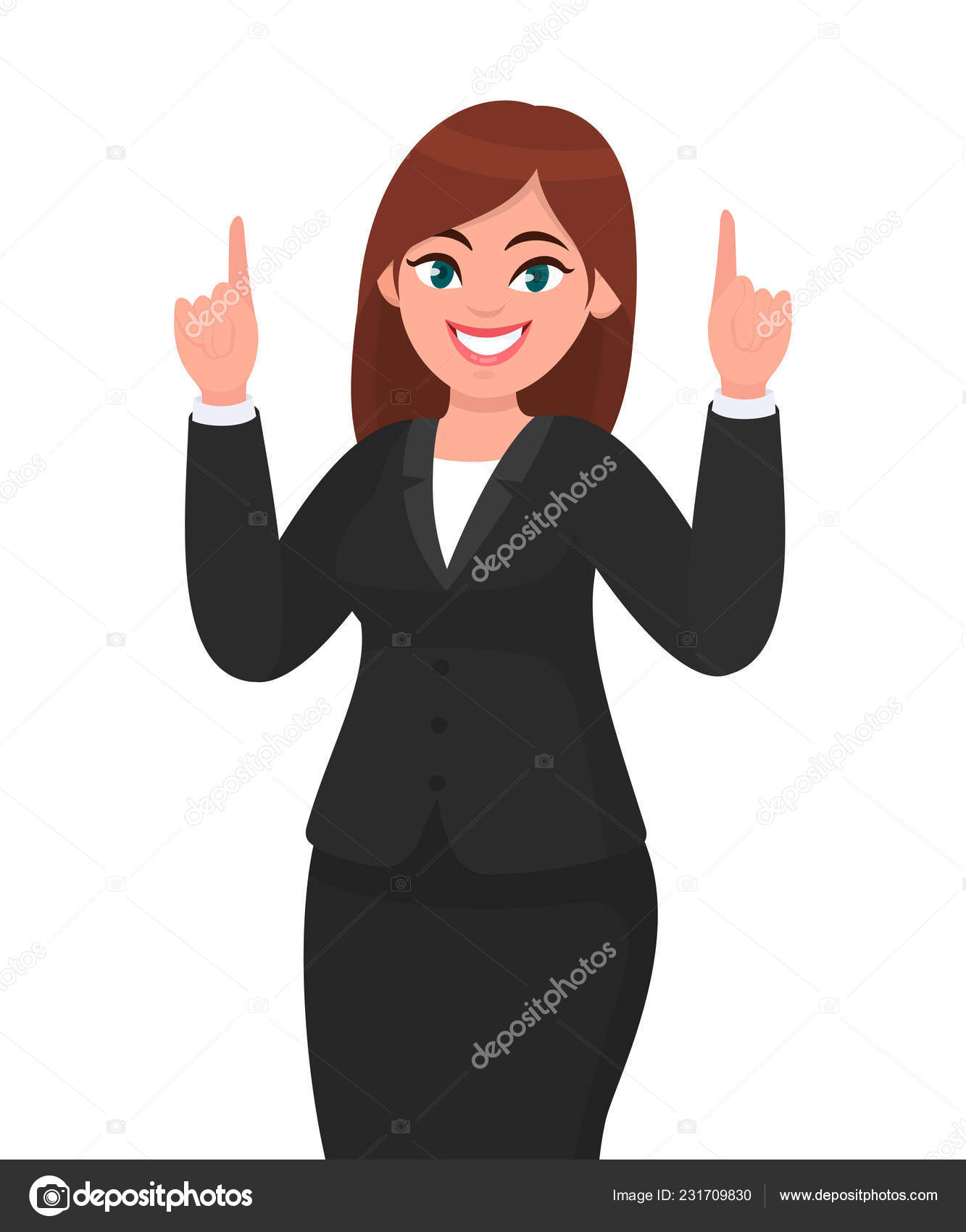 快乐的女商人用食指把矛头指向上面妇女举举手向上女商人概念例证在向量动画片样式图库矢量图©mathibfa 231709830