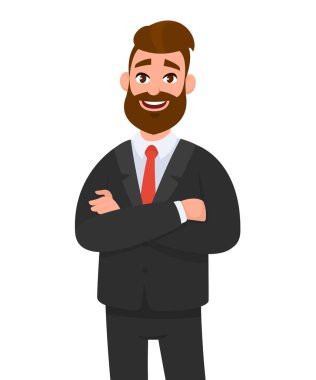 Beyaz arka planda izole emin işadamı geçti silah ile siyah formal giyim gülümseyen portresi. Duygu ve beden dili kavramı karikatür tarzı illüstrasyon vektör.