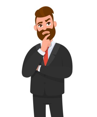 Bir şey düşünme ve kol ve holding işaret parmağı çene üzerinde çarpı işareti genç iş adamı. Düşünceli işadamı düşünme kavramı arıyorum. Duygu ve beden dili kavramı karikatür tarzı vektör.