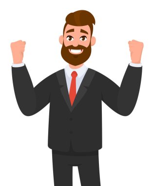 Mutlu işadamı eller yumruk ve mutluluk ve başarı topluyor. Olumlu insan duygu yüz ifadesi. Kazanan, silah başarı kutluyor yumruk kadar heyecanlı, enerjik, mutlu iş adamı.