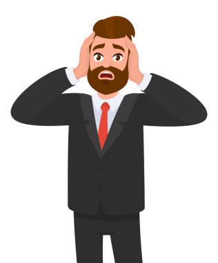 İşadamı baş, duygu stres, ağrı, ellerini tutarak yorgun. Duygu ve beden dili kavramı karikatür tarzı illüstrasyon vektör.