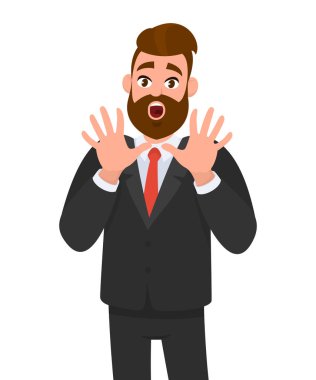Şok, arayan iş adamı korkuttu hoş olmayan durum, izole beyaz arka plan beklentisiyle kendini korumaya çalışıyor. Duygu ve beden dili konsept illüstrasyon karikatür vektör.