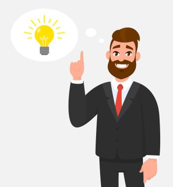 Düşünce balonu içinde parlak ampul için yukarıyı düşünceli mutlu bir iş adamı. Fikir, yenilik, buluş, problem çözme, çözüm konsept illüstrasyon karikatür vektör tarzı.