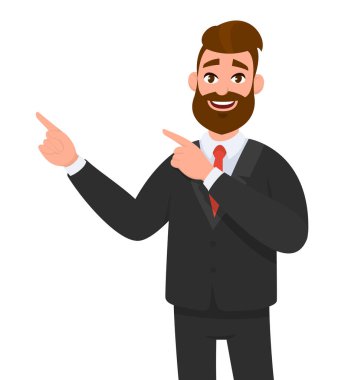 Mutlu işadamı işaretleme el hareketi kopyalayın ya da bir şey tanıtmak için alan. Tanıtım, reklam, tanıtmak konsept illüstrasyon vektör çizgi film tarzı.