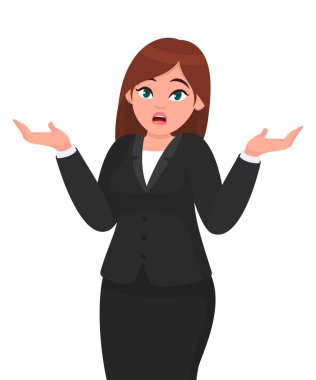 Oops! Özür dilerim! Bilmiyorum. Elinde yayılan işkadını shrugging omuz hareketini biliyor musun. İşkadını konsept illüstrasyon vektör çizgi film tarzı.